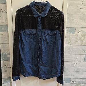 Guess Black and Blue Lace Button Down Shirt